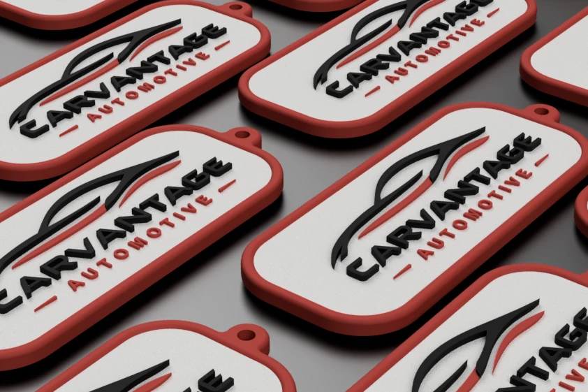 Seria prostokątnych smart breloków z logo w bieli i czerwieni